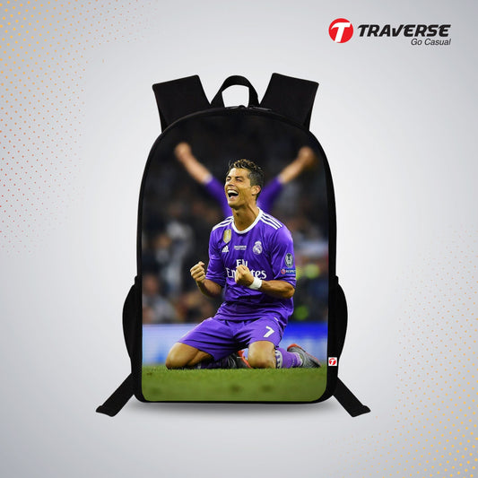 Traverse Ronaldo Bags For Boys & Girls. Digitally printed on Fabric with latest technology. Dual Compartment large backpack