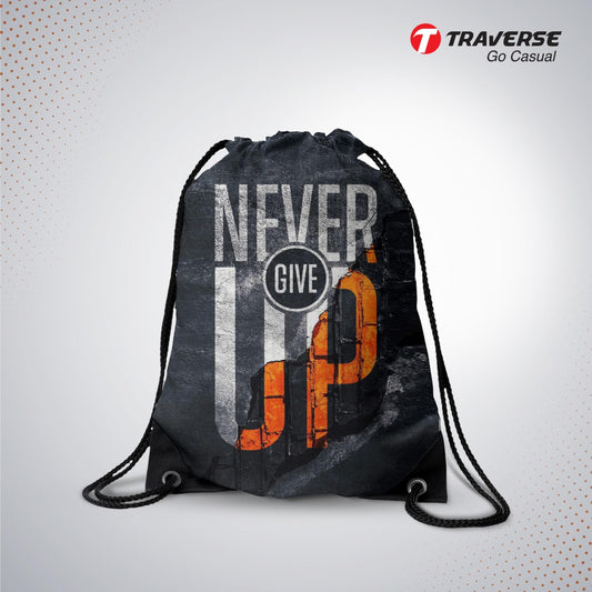 Never Give Up Digitally Printed Drawstring Bag