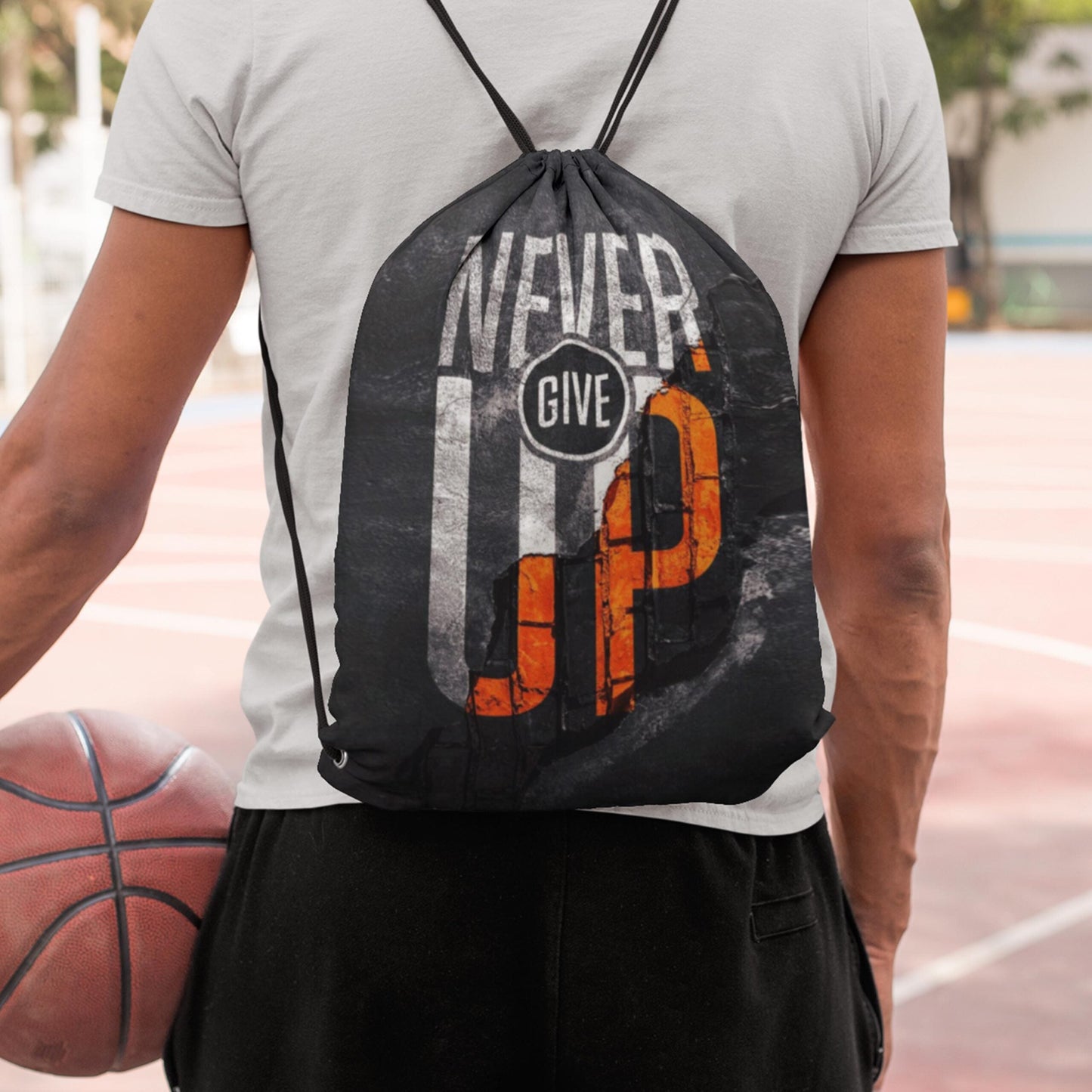 Never Give Up Digitally Printed Drawstring Bag