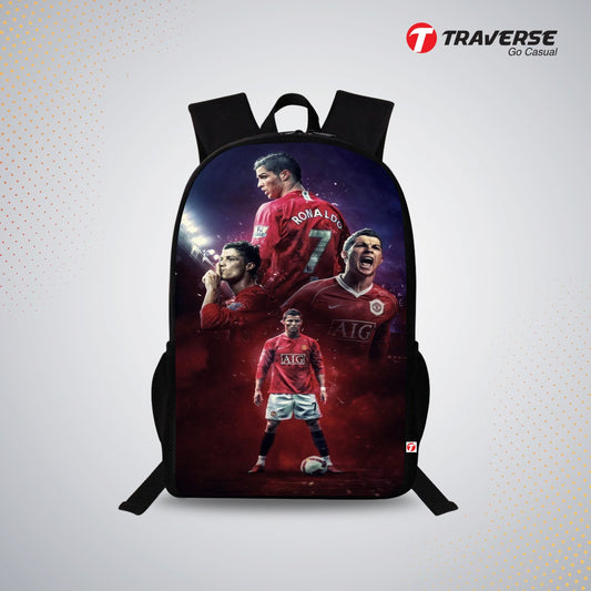 Traverse Ronaldo Bags For Boys & Girls. Digitally printed on Fabric with latest technology. Dual Compartment large backpack