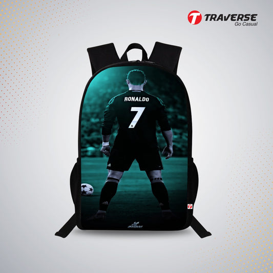 Traverse Ronaldo Bags For Boys & Girls. Digitally printed on Fabric with latest technology. Dual Compartment large backpack