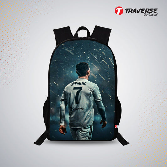 Traverse Ronaldo Bags For Boys & Girls. Digitally printed on Fabric with latest technology. Dual Compartment large backpack