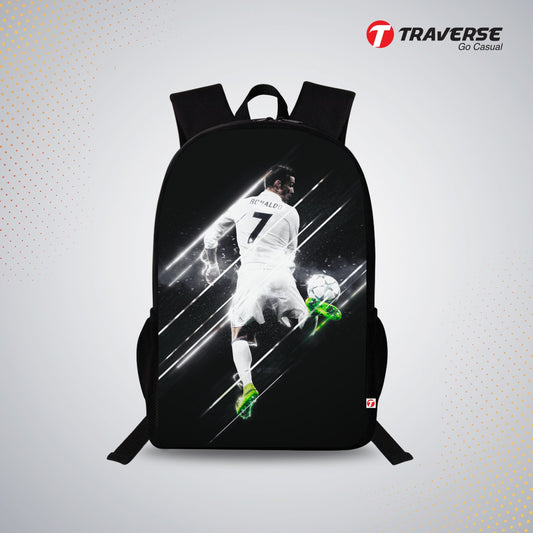 Traverse Ronaldo Bags For Boys & Girls. Digitally printed on Fabric with latest technology. Dual Compartment large backpack
