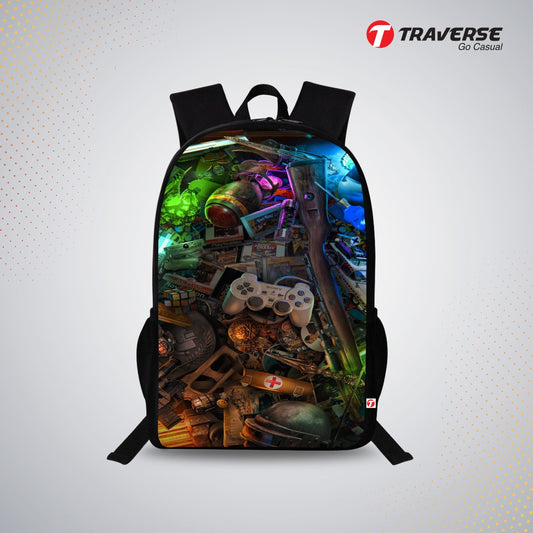Traverse Gamer Zone Bags For Boys & Girls. Digitally printed on Fabric with latest technology. Dual Compartment large backpack