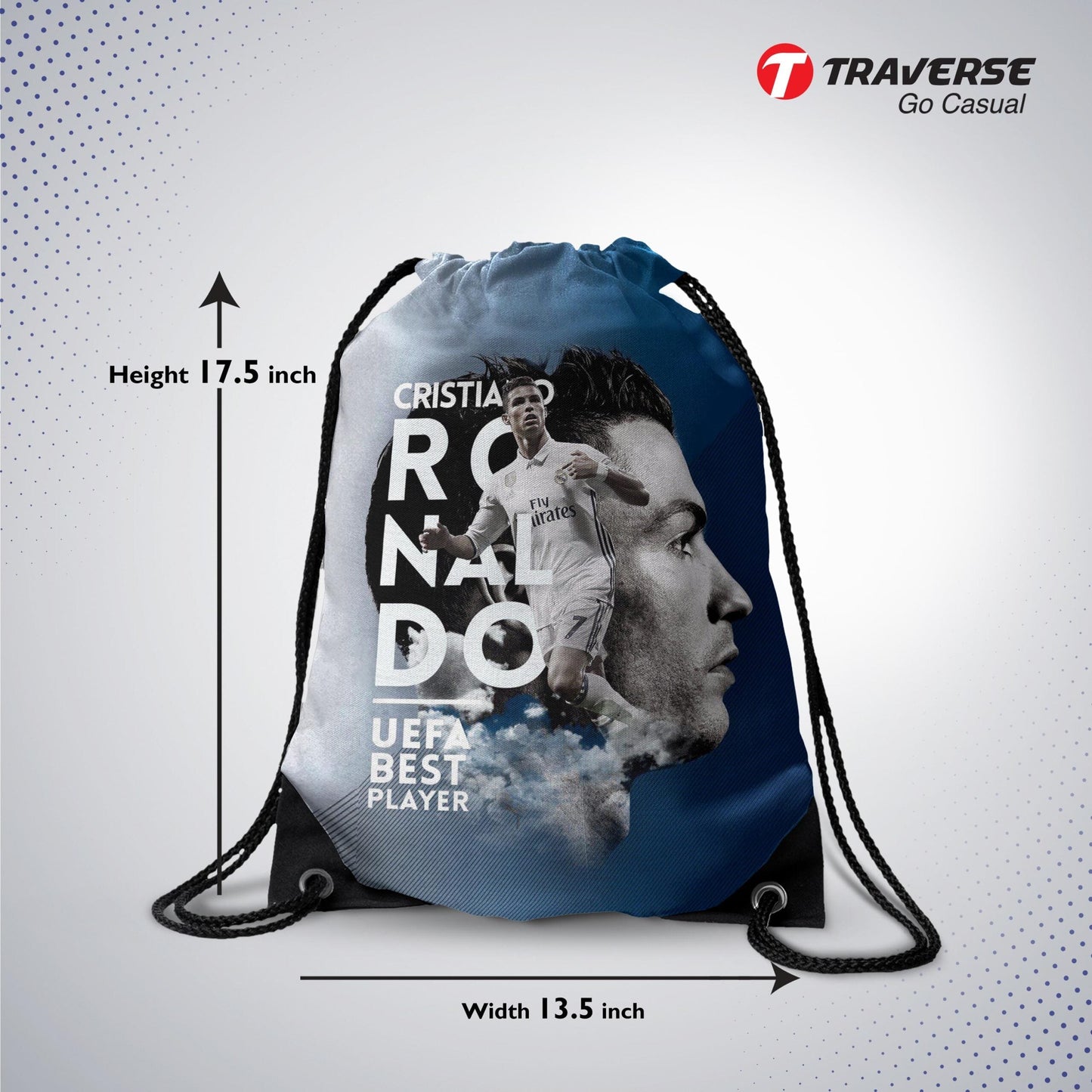 Ronaldo Drawstring Bag with Quality strings- Digitally printed by Traverse on strong polyester fabric