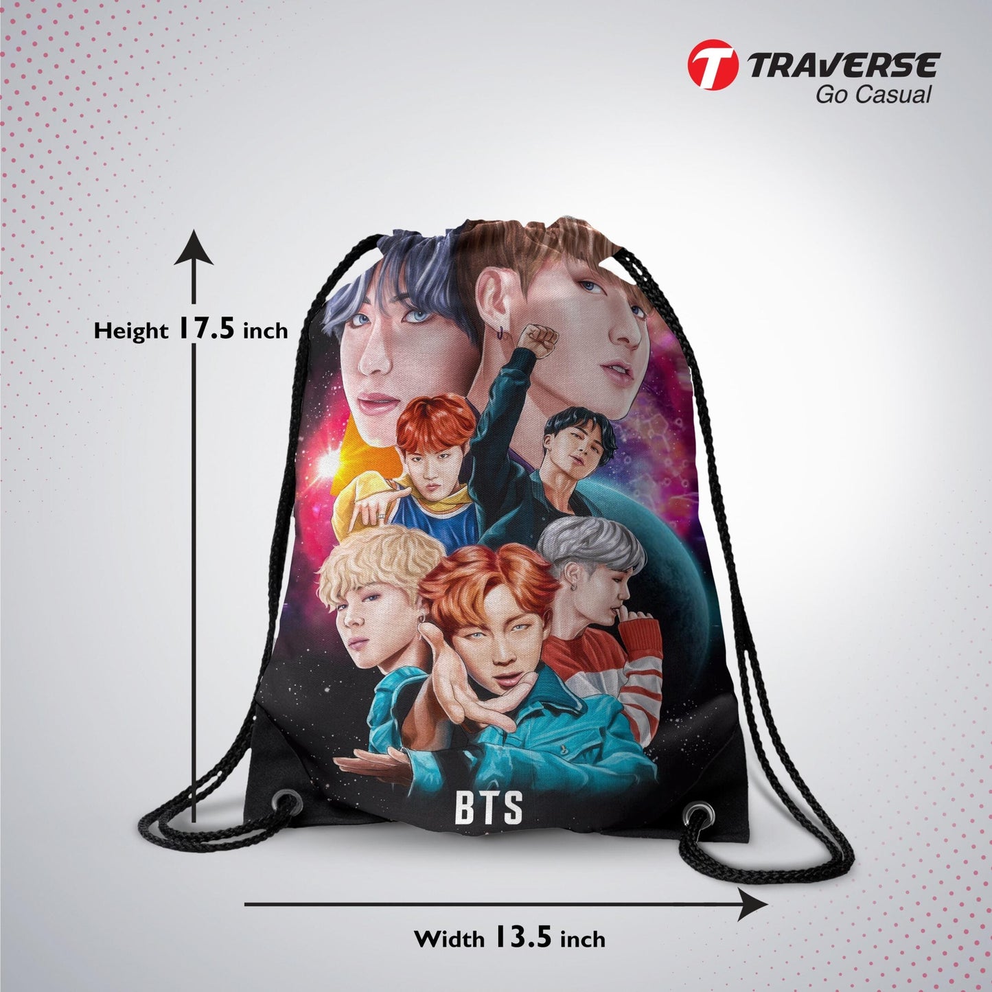 BTS Drawstring Bag with quality strings- Digitally printed by Traverse on strong polyester fabric