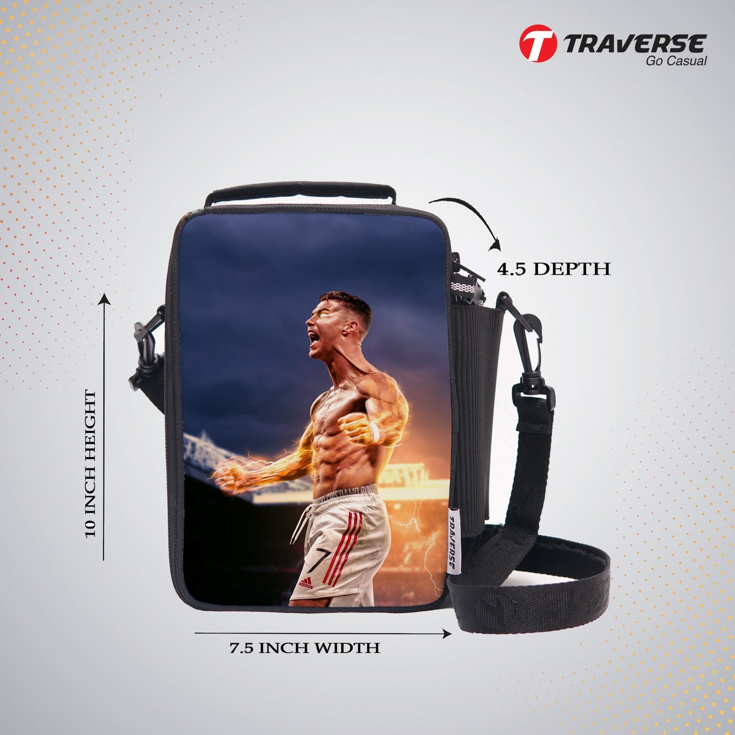 Traverse Ronaldo Lunch Bag with option to carry water bottle- Digitally printed and manufactured by Traverse