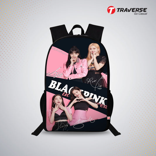 Traverse Black Pink Bags For Boys & Girls. Digitally printed on Fabric with latest technology. Dual Compartment large backpack