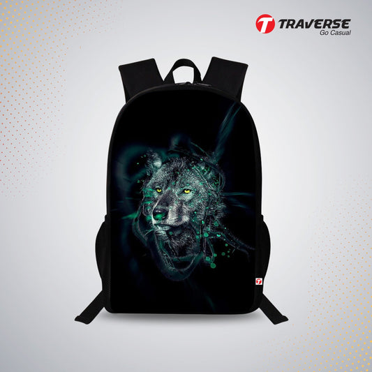 Traverse Green Wolf Bags For Boys & Girls. Digitally printed on Fabric with latest technology. Dual Compartment large backpack