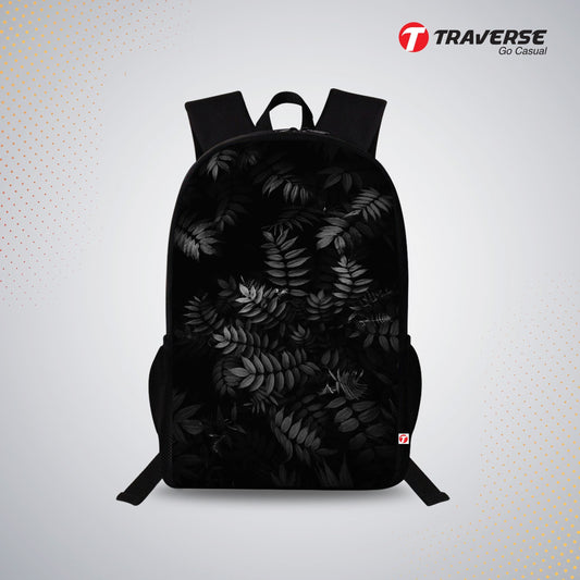 Traverse Black & White Leaves Bags For Boys & Girls. Digitally printed on Fabric with latest technology. Dual Compartment large backpack