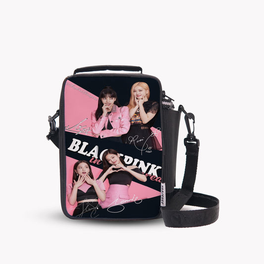 Traverse Black pink- Lunch Bag with option to carry water bottle- Digitally printed and manufactured by Traverse. Insulated to keep items hot / cold