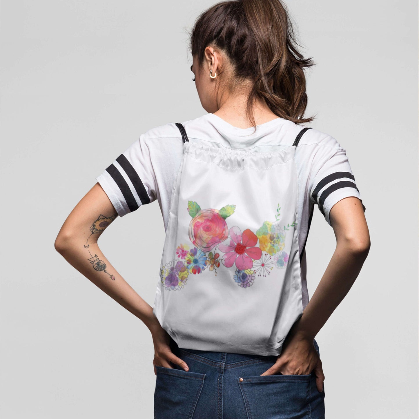 Flower Printed Drawstring Bag