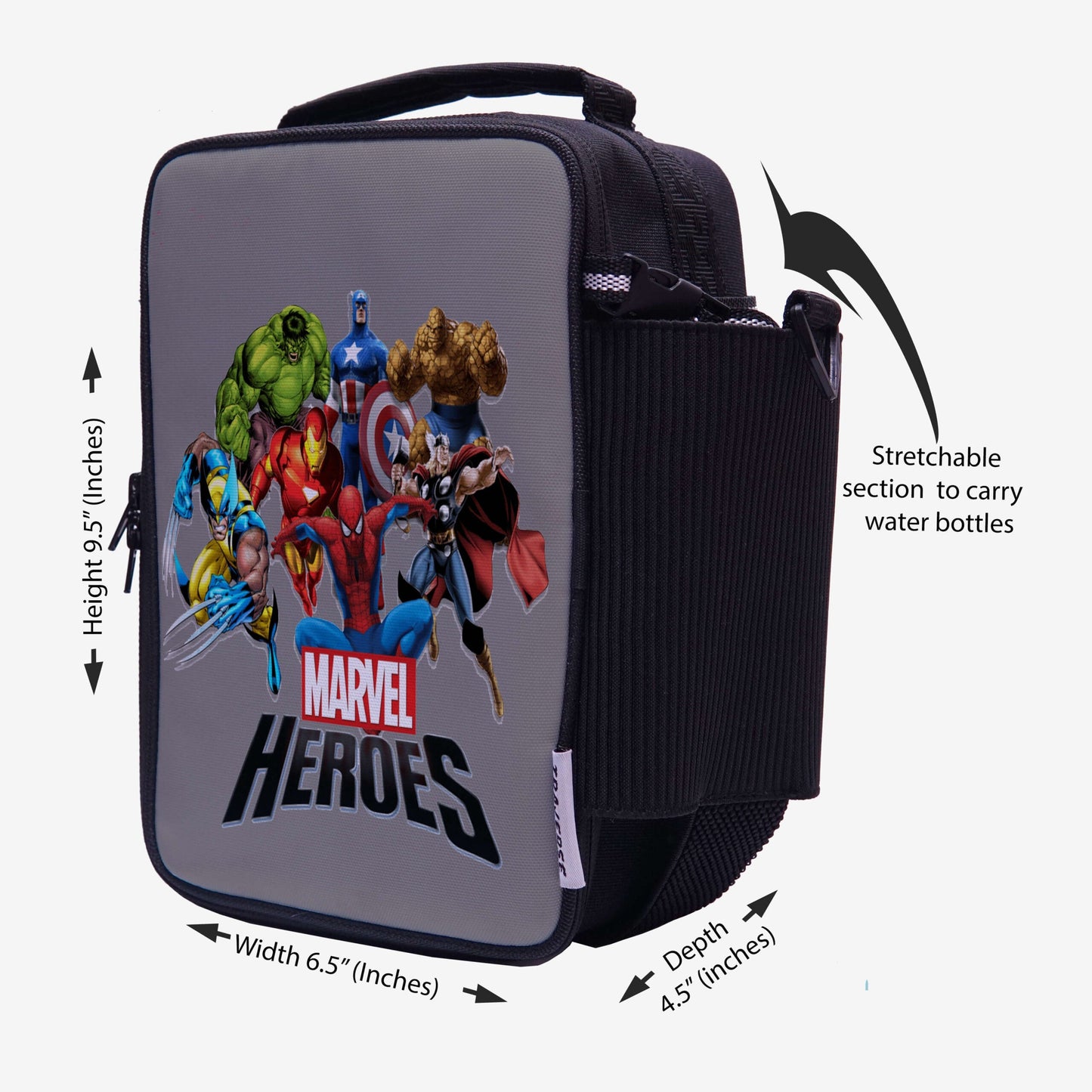 Marvel Heroes- Lunch Bag with option to carry water bottle. Digitally printed on Fabric by Traverse