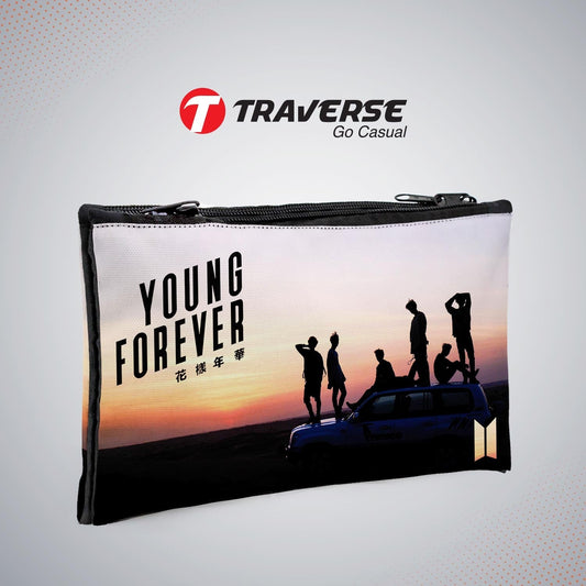 Dual compartment BTS pencil pouch. Printed on Fabric with both sides covered