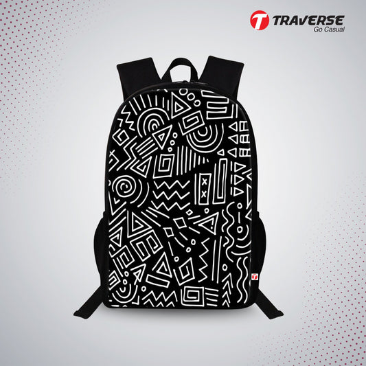 Traverse black n white graffiti style backpack