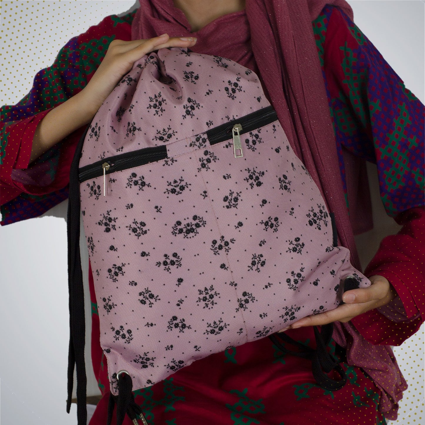 Traverse dark pink floral zipper drawstring