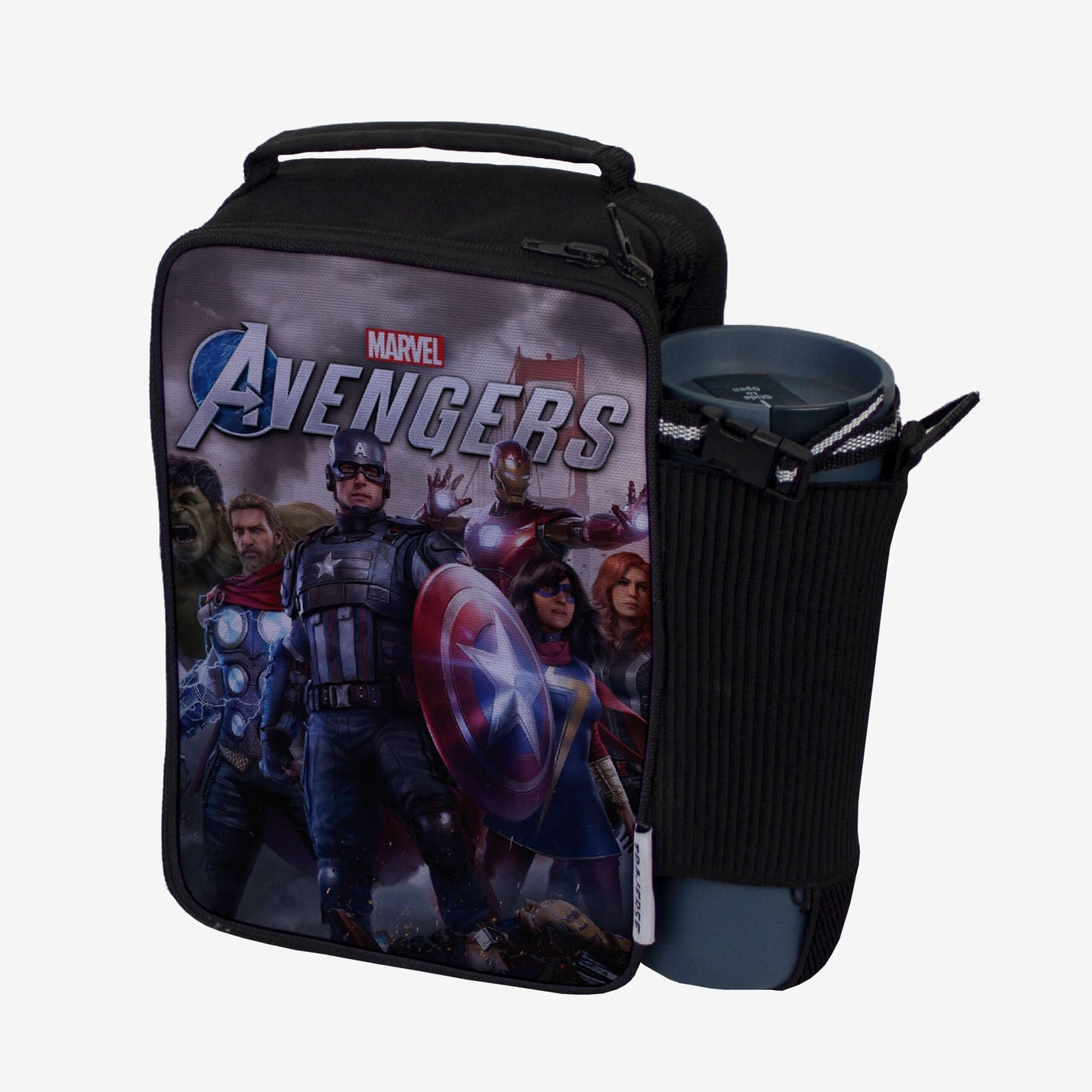 Marvel Avengers- Lunch Bag with option to carry water bottle. Digitally printed on fabric by Traverse