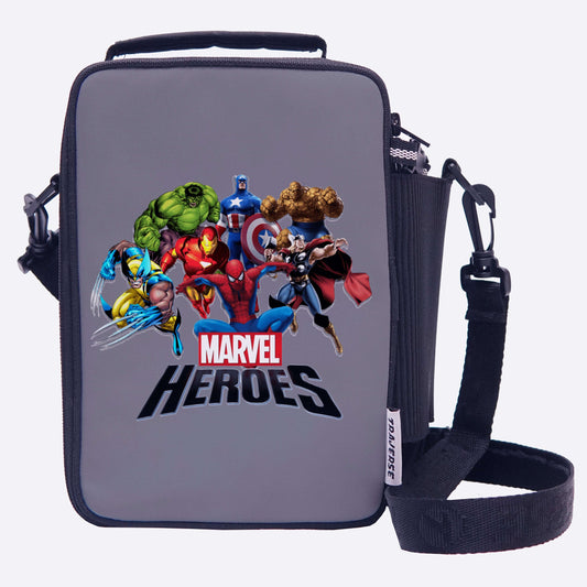 Marvel Heroes- Lunch Bag with option to carry water bottle. Digitally printed on Fabric by Traverse