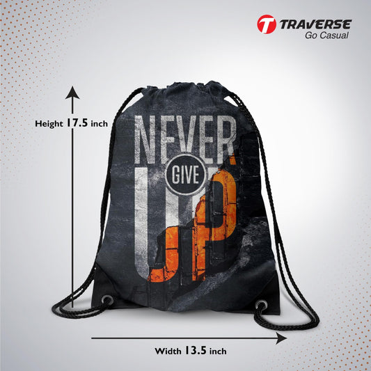 Never Give Up Digitally Printed Drawstring Bag