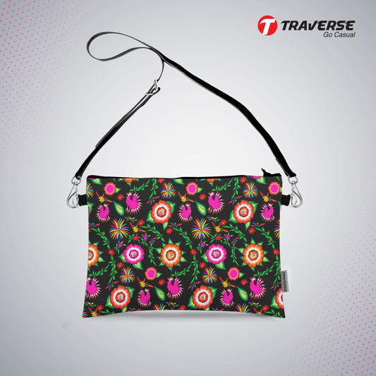 Girl Floral Pouch - (Digitally printed on Cloth) With Shoulder Strap.