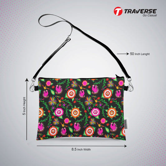Girl Floral Pouch - (Digitally printed on Cloth) With Shoulder Strap.