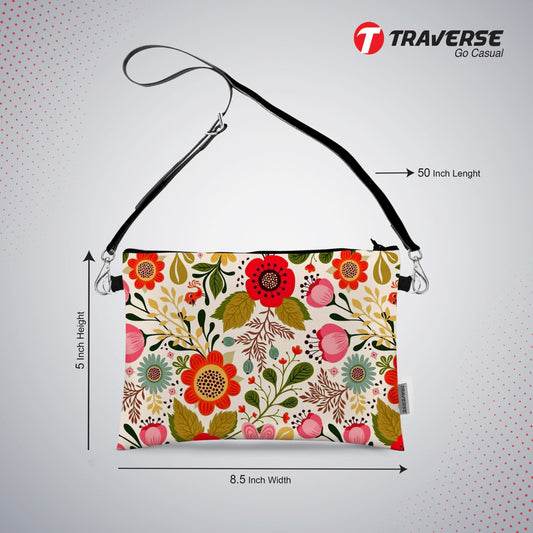Girl Pouch - Floral Pouch (Digitally printed on Cloth) with shoulder strap