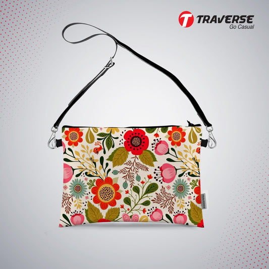Girl Pouch - Floral Pouch (Digitally printed on Cloth) with shoulder strap