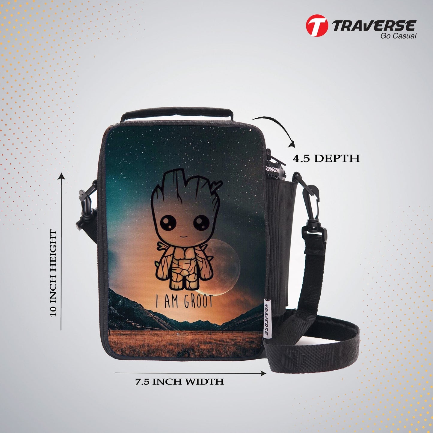 Traverse Groot Lunch Bag with option to carry water bottle- Digitally printed and manufactured by Traverse