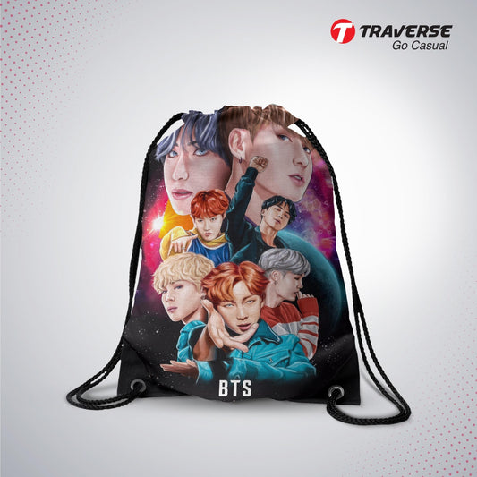 BTS Drawstring Bag with quality strings- Digitally printed by Traverse on strong polyester fabric