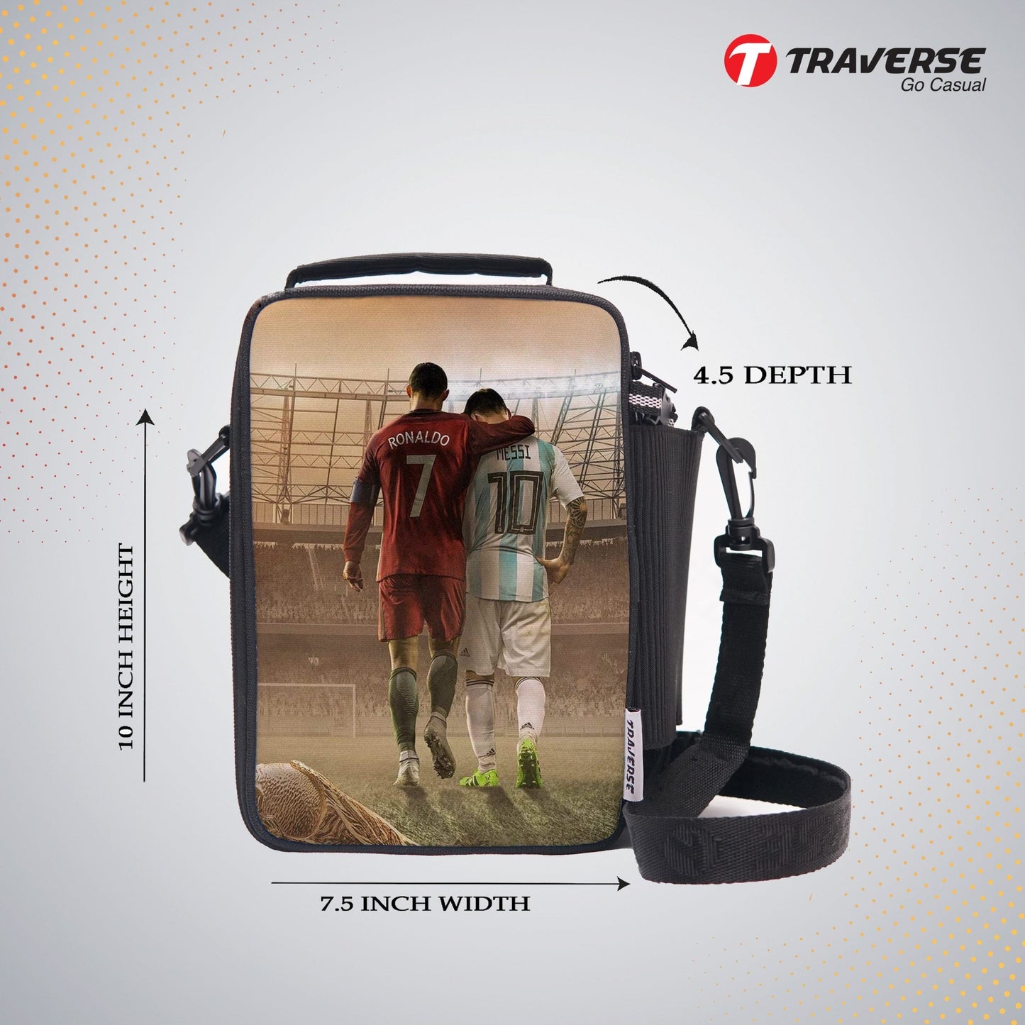 Traverse Ronaldo Lunch Bag with option to carry water bottle- Digitally printed and manufactured by Traverse