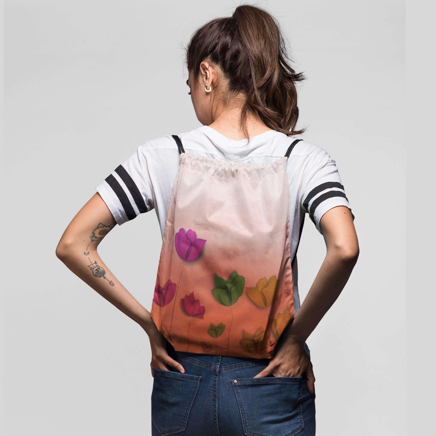 Flower Printed Drawstring Bag