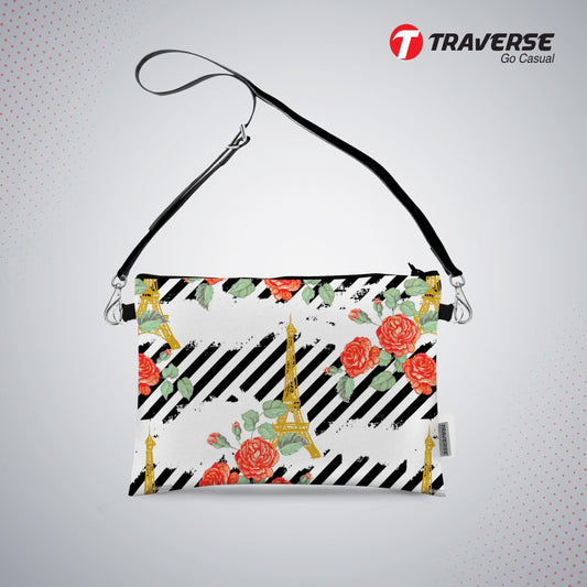Girl Paris Floral design - Pouch (Digitally printed on Cloth) with shoulder strap