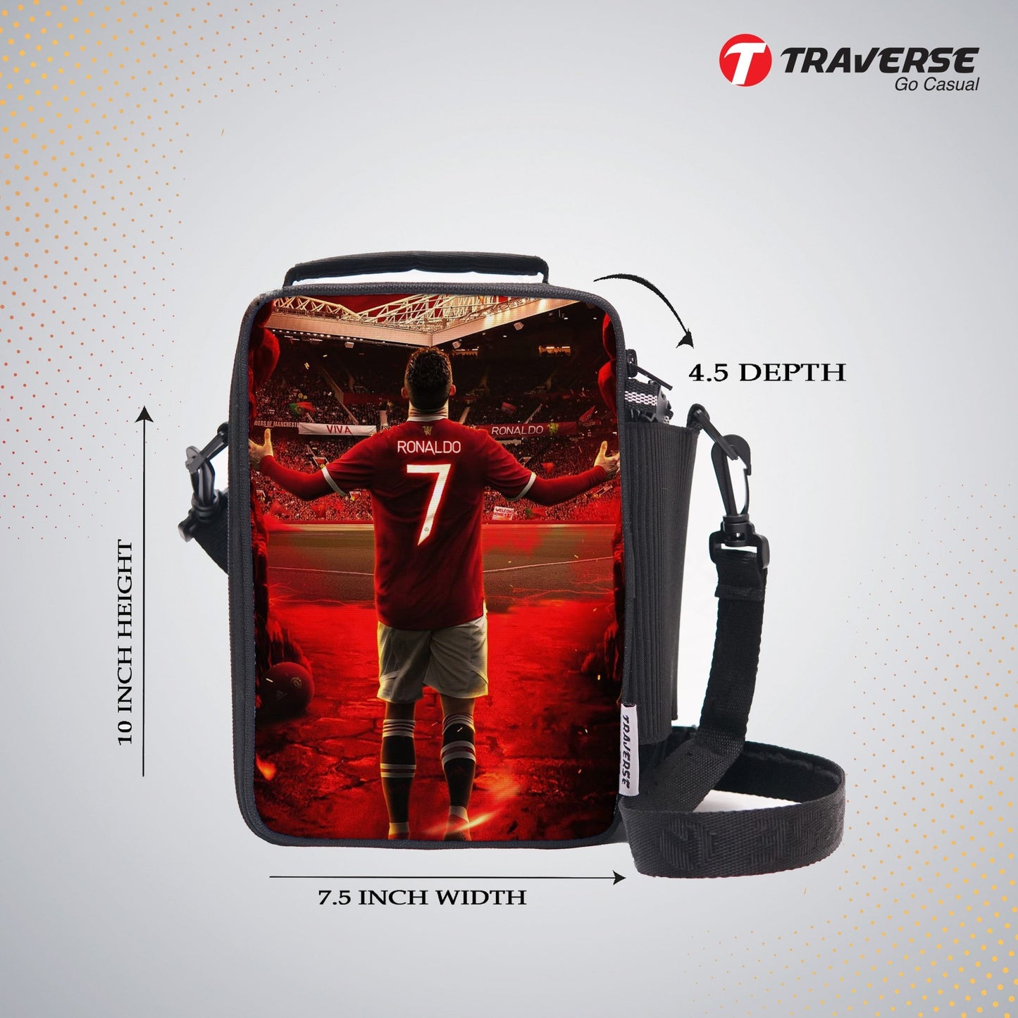 Traverse Ronaldo Lunch Bag with option to carry water bottle- Digitally printed and manufactured by Traverse