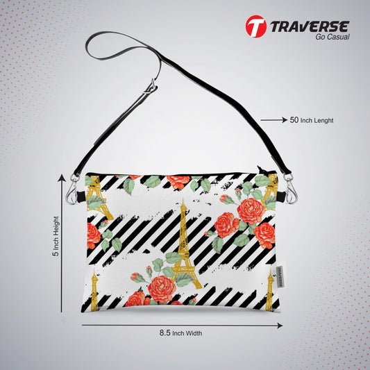 Girl Paris Floral design - Pouch (Digitally printed on Cloth) with shoulder strap