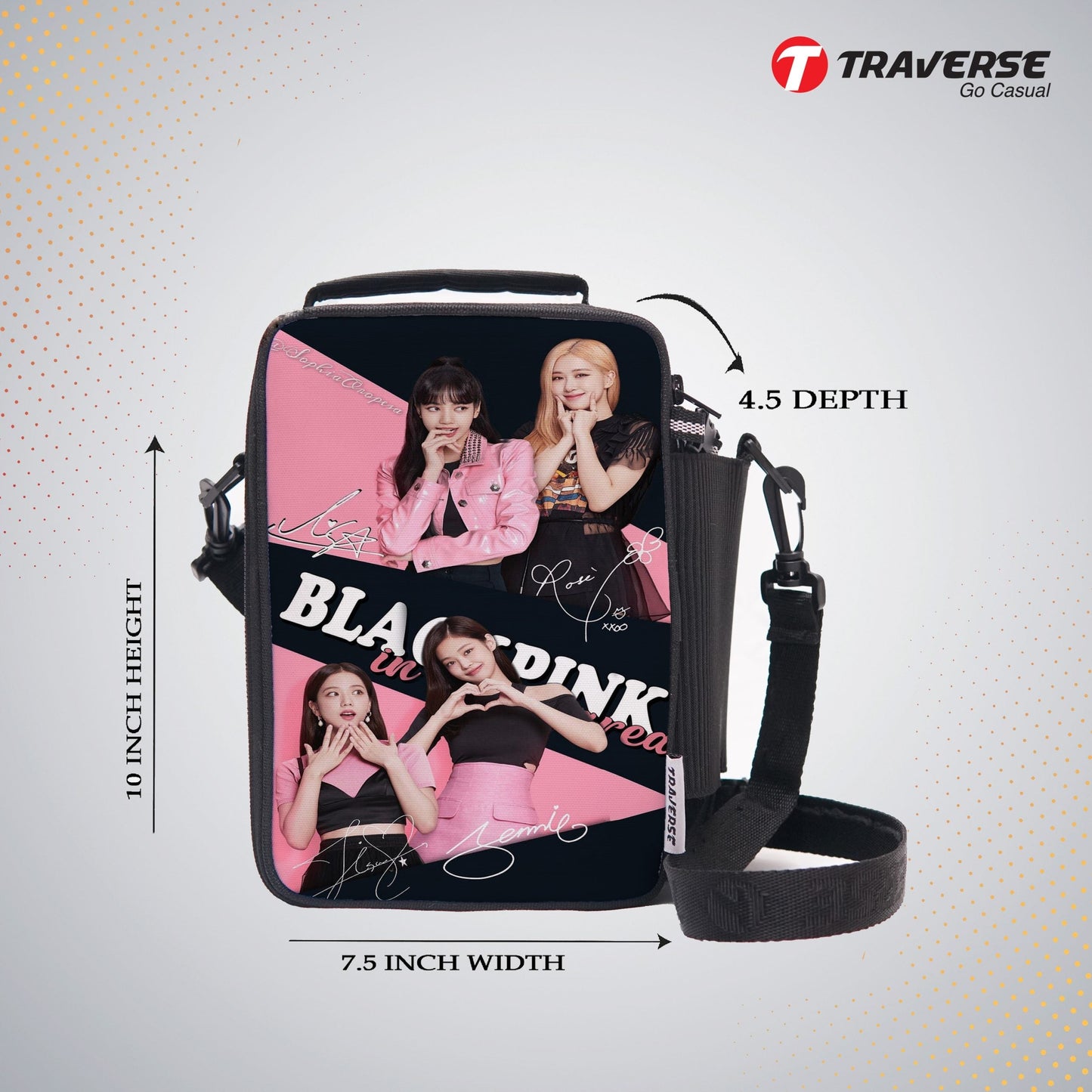 Traverse Black pink- Lunch Bag with option to carry water bottle- Digitally printed and manufactured by Traverse. Insulated to keep items hot / cold