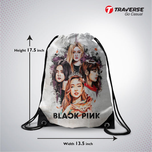 Black Pink Digitally Printed Drawstring Bag