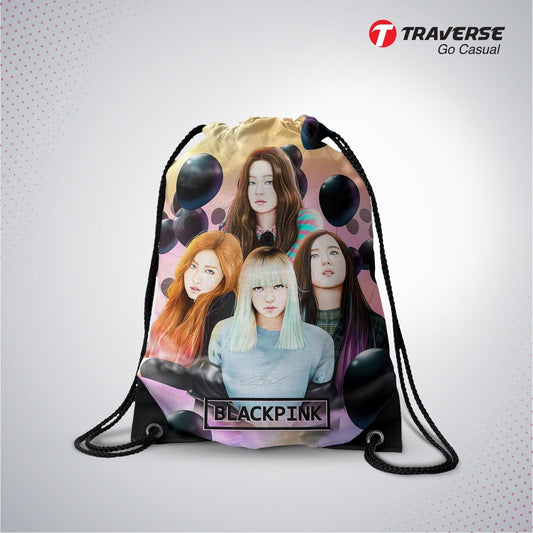 Black Pink Digitally Printed Drawstring Bag