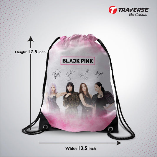 Black Pink Digitally Printed Drawstring Bag