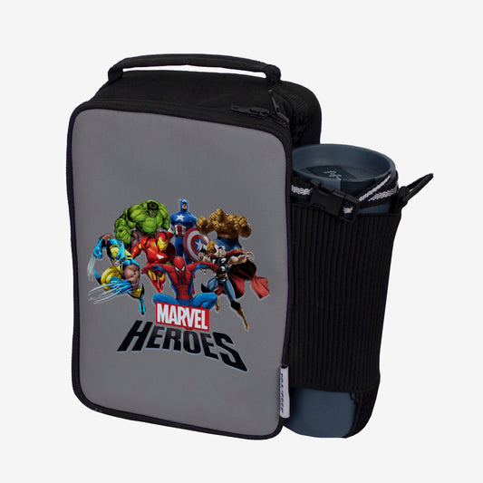 Marvel Heroes- Lunch Bag with option to carry water bottle. Digitally printed on Fabric by Traverse