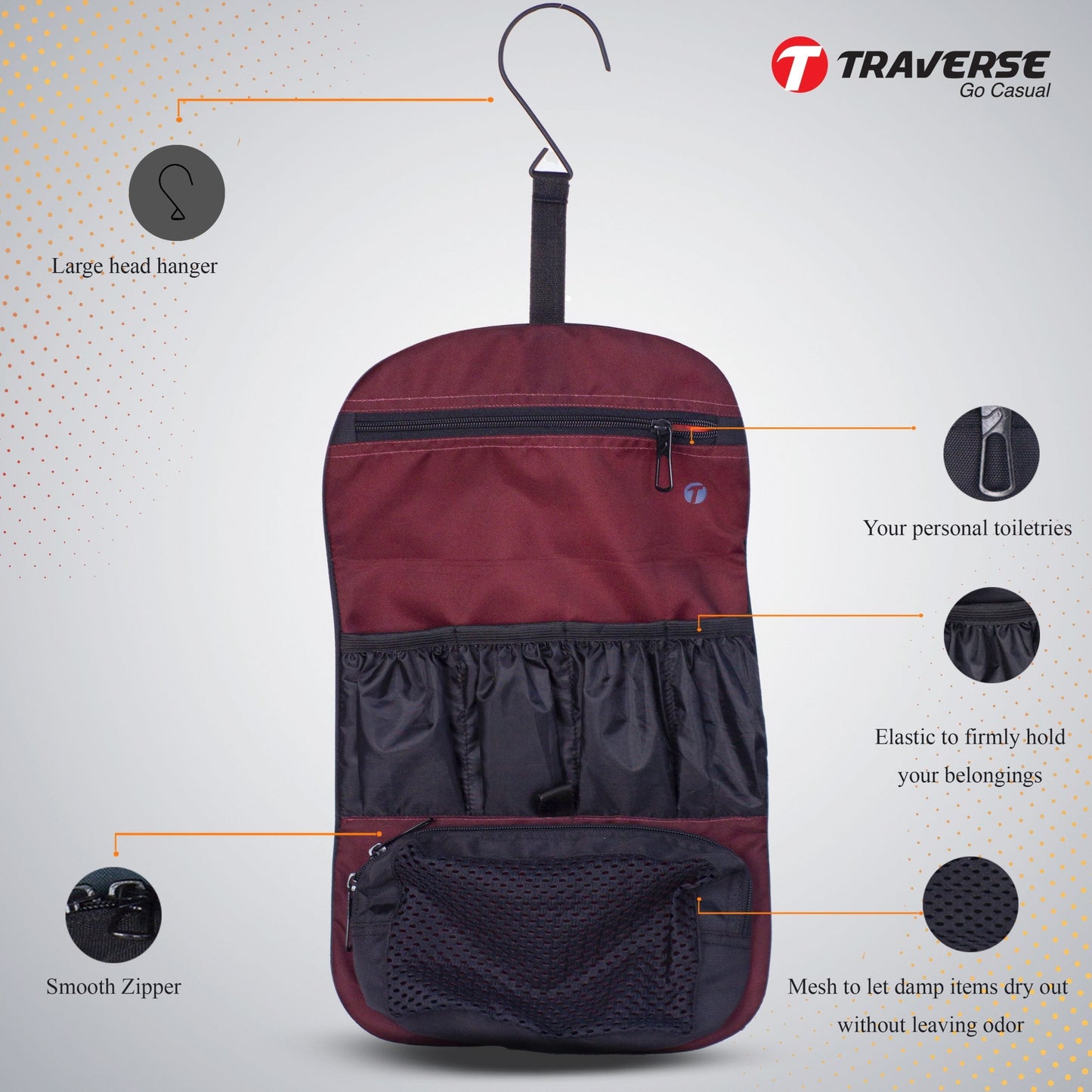 Traverse Hanging Toiletry Bag Organizer. Cosmetic Makeup Holder Pouch.