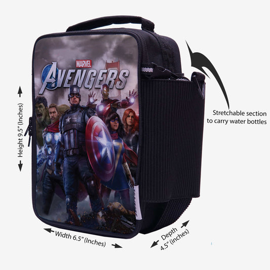 Marvel Avengers- Lunch Bag with option to carry water bottle. Digitally printed on fabric by Traverse