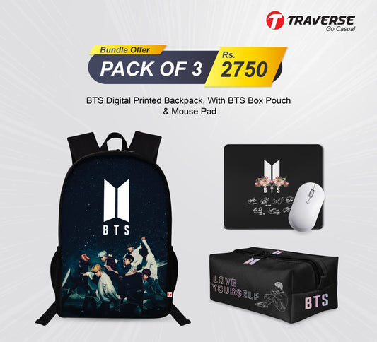 Pack of 3 BTS Army  - Bundle Offer - Backpack , BTS Box Pouch with BTS Mouse Pad