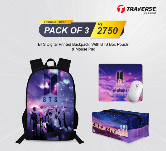 Pack of 3 BTS Army  - Bundle Offer - Backpack , BTS Box Pouch with BTS Mouse Pad