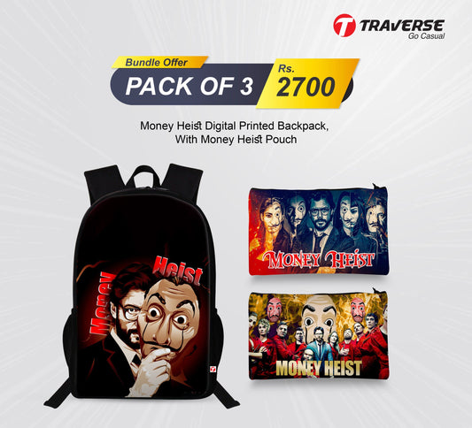 Pack of 3 Money Heist– Bundle Offer – Money Heist Backpack , With Two Money Heist Pencil Pouches