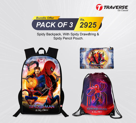 Pack of 3 Spider Men No Way Home - Bundle Offer - Backpack , Drawstring Bag with Pencil Pouch