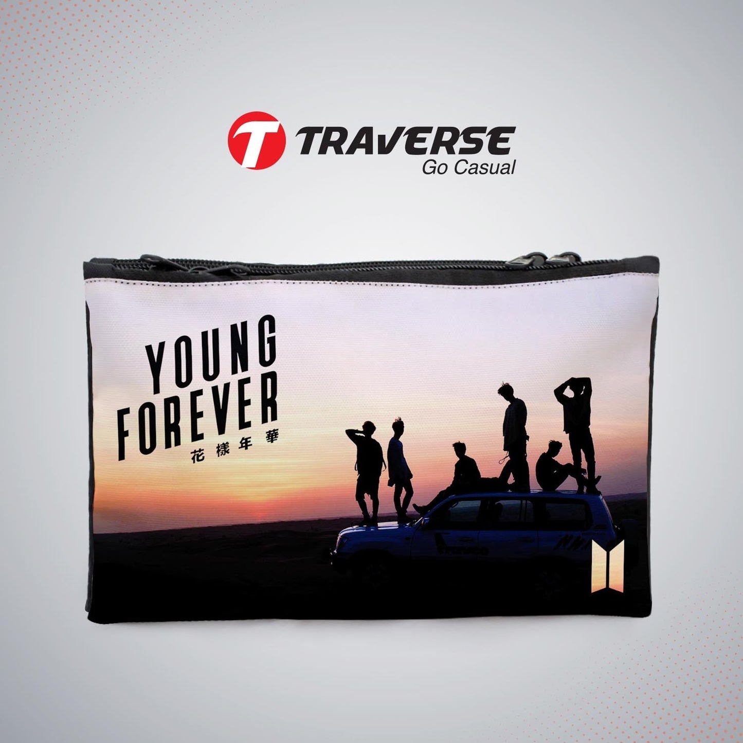 Dual compartment BTS pencil pouch. Printed on Fabric with both sides covered