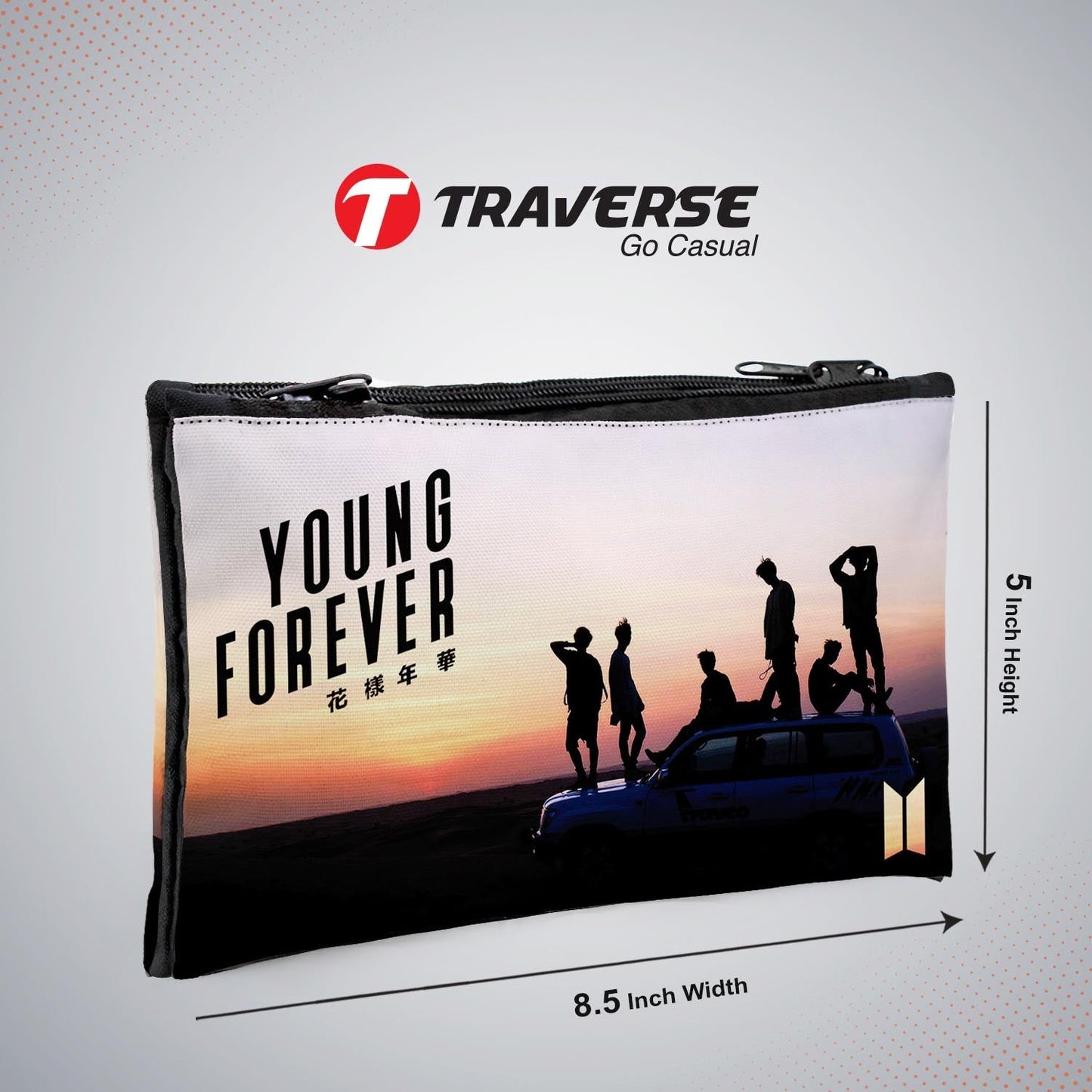 Dual compartment BTS pencil pouch. Printed on Fabric with both sides covered