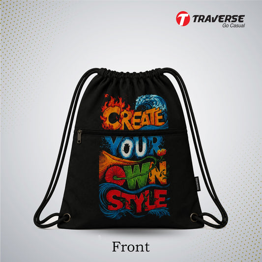 Traverse zipper drawstring bag