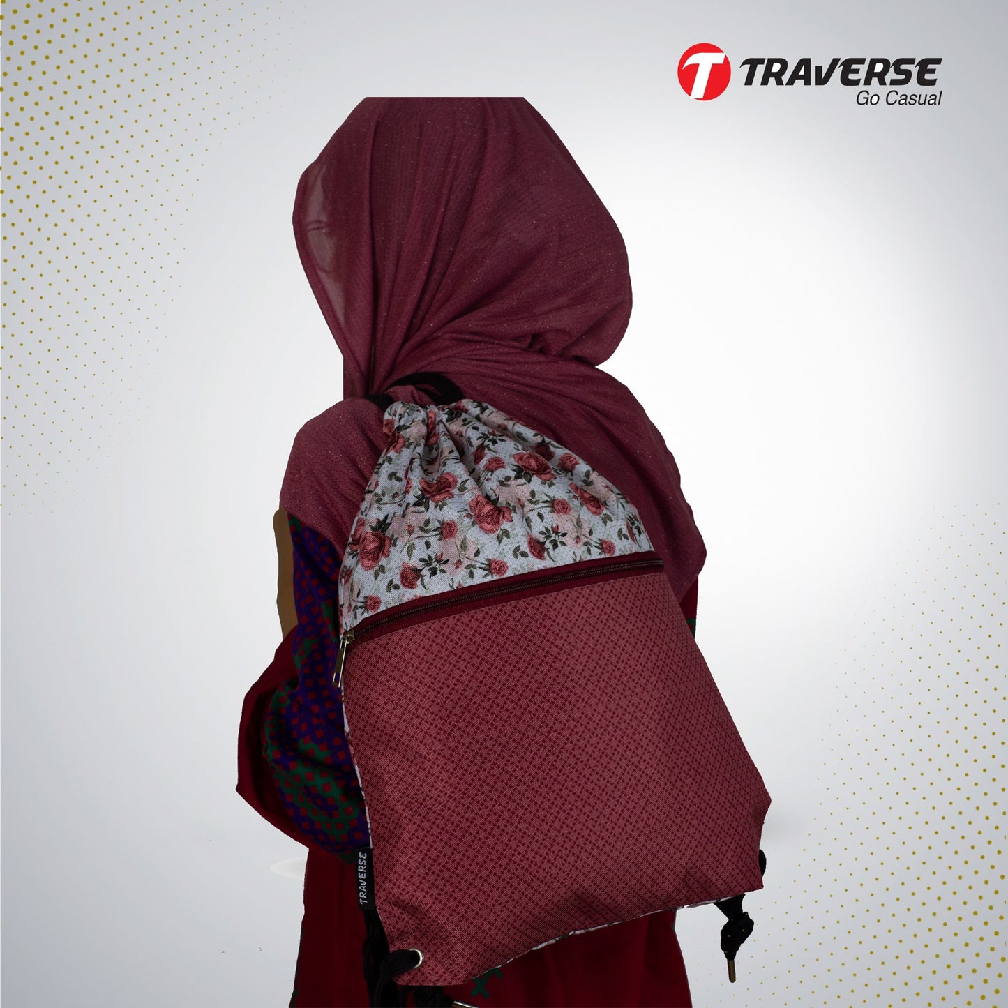 Traverse red velvet floral zipper drawstring