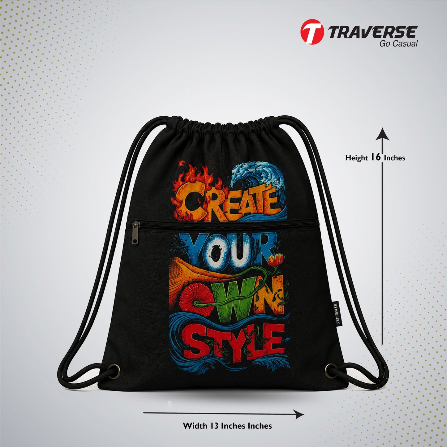 Traverse zipper drawstring bag